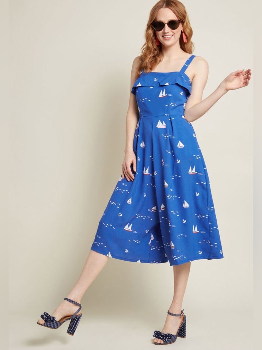 ModCloth Sailboat Print jumpsuit Blue Nautical Retro Coastal Cottagecore